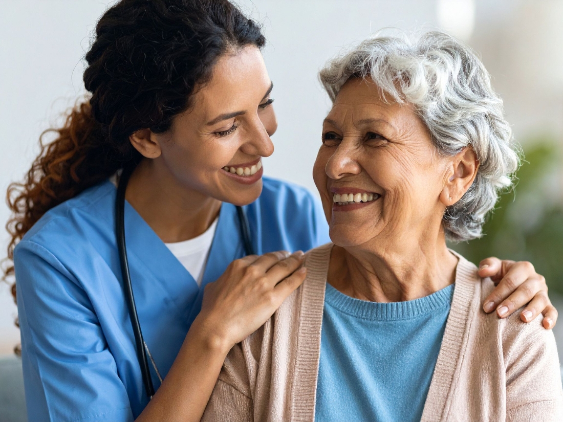 Caregiver providing continuous care and emotional support to a senior woman